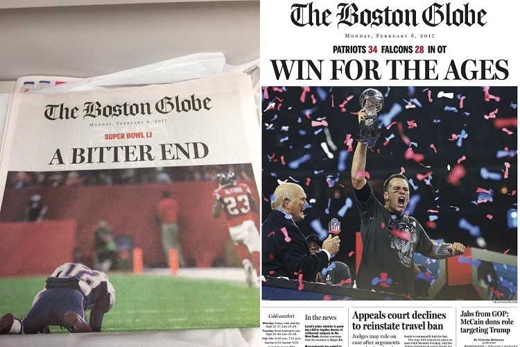 Jornal "Boston Globe" publicou capas contraditórias sobre a final do Super Bowl (Fotos: Reprodução/Twitter)